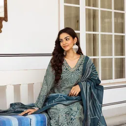 Anouk Ethnic Motifs Printed Regular Mirror Work Cotton Silk Kurta & Palazzos & Dupatta image 2