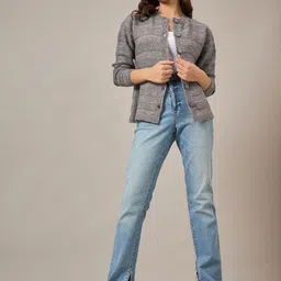 The Roadster Lifestyle Women Grey Long Sleeves Co Self Design Cardigan Sweaters-image-90