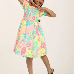 ZION Girls Bohemian Printed Puff Sleeve Smocked Fit & Flare Dress-41