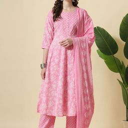 Yufta Floral Printed Panelled Sequinned Pure Cotton A-Line Kurta With Trousers & Dupatta-1
