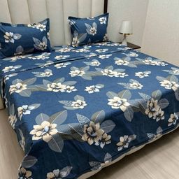 Pure Decor Blue & Cream-Coloured Floral Polycotton 4 Piece Double King Superfine Bedding Set-13