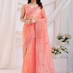 Peachmode Floral Embroidered Net Saree with Unstitched Blouse Piece-picture-8