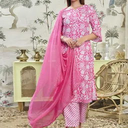 KALINI Floral Printed Sweetheart Neck Straight Kurta with Trousers & Dupatta-49