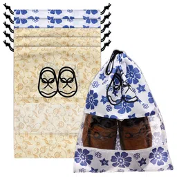 Kuber Industries White & Blue 6 Pieces Floral Printed Shoe Cover With Drawstring-40