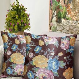 Blue Grass Maroon & Yellow 2 Pieces Floral Printed Velvet Square Cushion Covers-image-10
