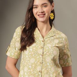KALINI Women Floral Print Roll-Up Sleeves Cotton Shirt Style Crop Top-image-98
