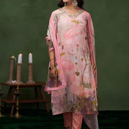 Anouk Floral Printed V-neck Zardozi Chanderi Silk Straight Kurta With Trousers & Dupatta-picture-5