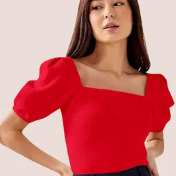 BerryBird Square Neck Puff Sleeve Knitted Top-image-82