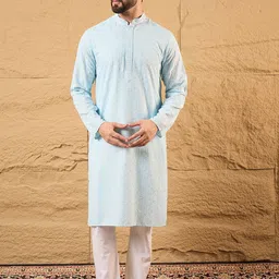 House of Pataudi Men Embroidered Mandarin Collar Straight Kurta-36