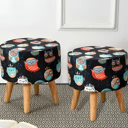 RIANCE CREATIONS 2 Pieces Black & Blue Printed Round Shape With Hidden Storage Ottomans-18