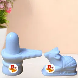 DARIDRA BHANJAN White 2 Pieces Shivling and Nandi Statue Marble Religious Idol Showpiece-74