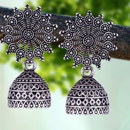 MEENAZ Set of 5 Silver-Plated Oxidised Peacock Shaped Jhumkas-image-122
