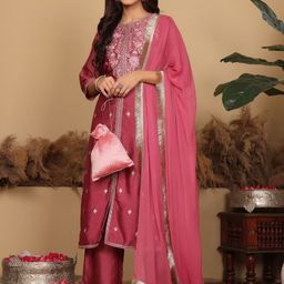 all about you Floral Embroidered Round Neck Thread Work Pure Silk Kurta Trousers & Dupatta-picture-27