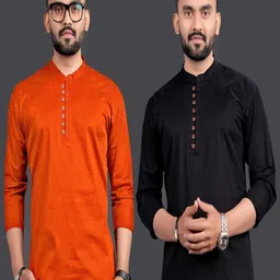 OJ TREND Men solid designer front zip and wooden button look Long sleeve cotton kurta-picture-32