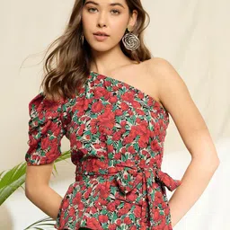 Berrylush Floral Print One Shoulder Puff Sleeve Peplum Top-picture-11