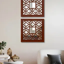 Homscape 2-Pcs Brown Square Shaped Wooded WallMirrorDecor-22