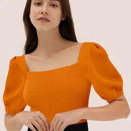 BerryBird Square Neck Puff Sleeve Knitted Top-image-84