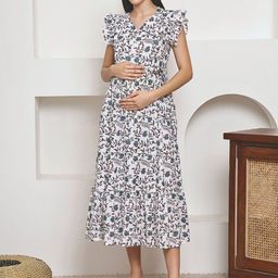 Frempy Floral Print Organic Cotton Maternity Fit & Flare Maxi Dress-picture-16