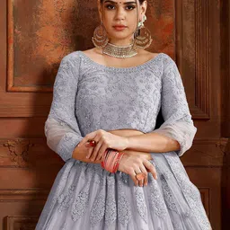 ODETTE Floral Embroidered Thread Work Soft Net Semi-Stitched Lehenga & Blouse With Dupatta image 2