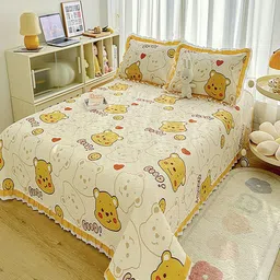 JC HOME Yellow & White Printed Cotton Super Double King Bed & Pillow Cover-image-63