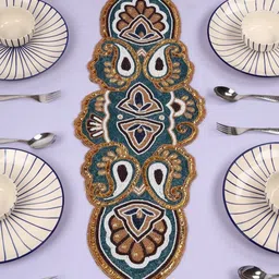 YWULY Blue & White Beaded Table Runner-55