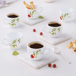 Larah by BOROSIL Oriental White & Green 6 Pieces Floral Printed Matte Cups 140ml-2