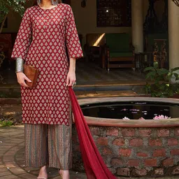 Shae by SASSAFRAS Floral Printed Pure Cotton Straight Kurta With Palazzos & Dupatta-14