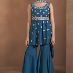 Anouk Floral Embroidered Thread Work Raw Silk Kurta With Sharara And Dupatta-28