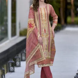 MISS CLOTHING Floral Printed Sequinned Round Neck Straight Kurta With Trousers & Dupatta-56