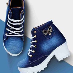 SHOE LAB Women Denim Embellished Block Heel Chunky Boots-image-70