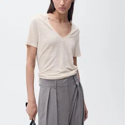 MANGO Women V-Neck Linen T-shirt-image-90