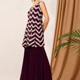 PARROT CREATION Chevron Embroidered Sequinned Georgette Kurti With Sharara And Dupatta image 4