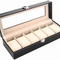 Wrist Watch Storage Box Display Case Organizer of Faux Leather Finish with Glass Window 6 Slot 30x8x11 CM Watch Box-1