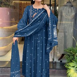 SRILICA Floral Embroidered Notch Neck Pleated Anarkali Kurta With Trousers & Dupatta-image-60