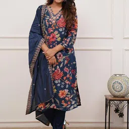KOTRONS Floral Printed V-Neck Zari Art Silk Kurta With Trousers & Dupatta-image-9