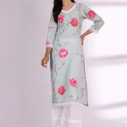 Varanga Floral Printed V-Neck Pure Cotton Straight Kurta-image-44