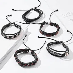 Ringzinnie Unisex Set Of 5 Leather Stackable Multistrand Bracelets-48