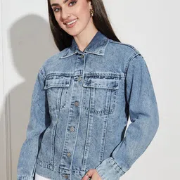 Miss Chase Washed Spread Collar Long Sleeves Denim Jacket-picture-31