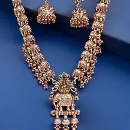 MANSIYAORANGE 24K Gold-Plated Temple Motif Long Chain Necklace Jewellery Set-image-77