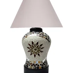 Aura Grey Cotton Shade Wooden & Mosaic Glass Traditional Frusturical Shaped Table Lamp-23