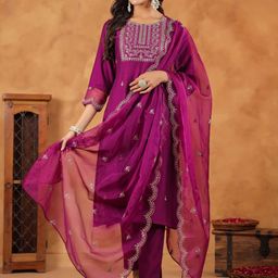Janasya Ethnic Motifs Embroidered Straight Kurta With Trousers & Dupatta-18