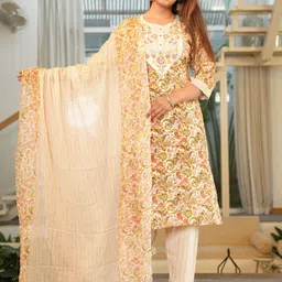 ARANGETRAM Floral Printed Thread Work Kurta With Trousers & Dupatta image 4
