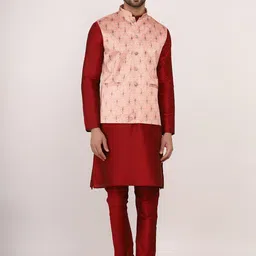 Sadree Mandarin Collar Long Sleeves Straight Kurta with Churidar & Nehru jacket-image-37