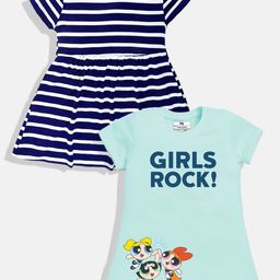 YK X Minute Mirth Girls Pack Of 2 Printed & Striped A-Line Dresses-image-93