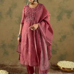 Indo Era Floral Printed Thread Work Chanderi Silk Straight Kurta with Trouser & Dupatta-17