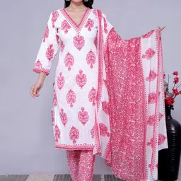 AAYUFAB Women Floral Printed Cotton Kurta with Trousers & Dupatta-picture-36