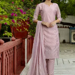 VredeVogel Women Floral Regular Chanderi Silk Kurta with Trousers & With Dupatta-image-92