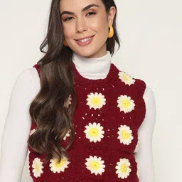 Sugercandy Women Floral Woollen Crop Sweater Vest-image-78
