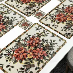 REVEXO 6Pc White & Red Printed Rectangle Costers & Table Placemats image 3