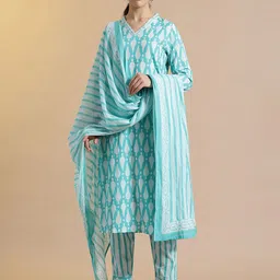 Anouk Floral Printed Mirror Work Pure Cotton Kurta with Trouser & Dupatta-image-77
